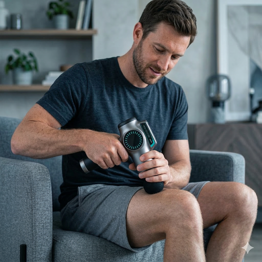 Man using a handheld massager in a living room setting