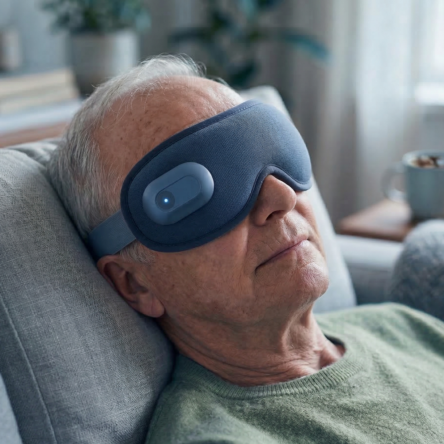 Man wearing a sleep mask in a cozy living room

