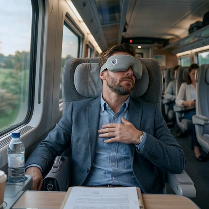 Man sleeping on a train with a sleep mask, holding his chest.