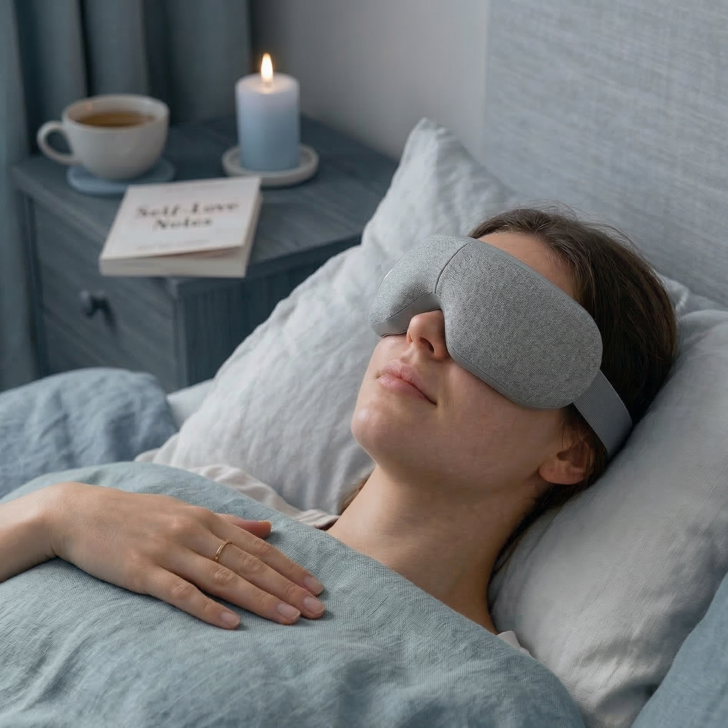 Woman lying in bed with a gray sleep mask on, surrounded by a cozy bedroom setting.