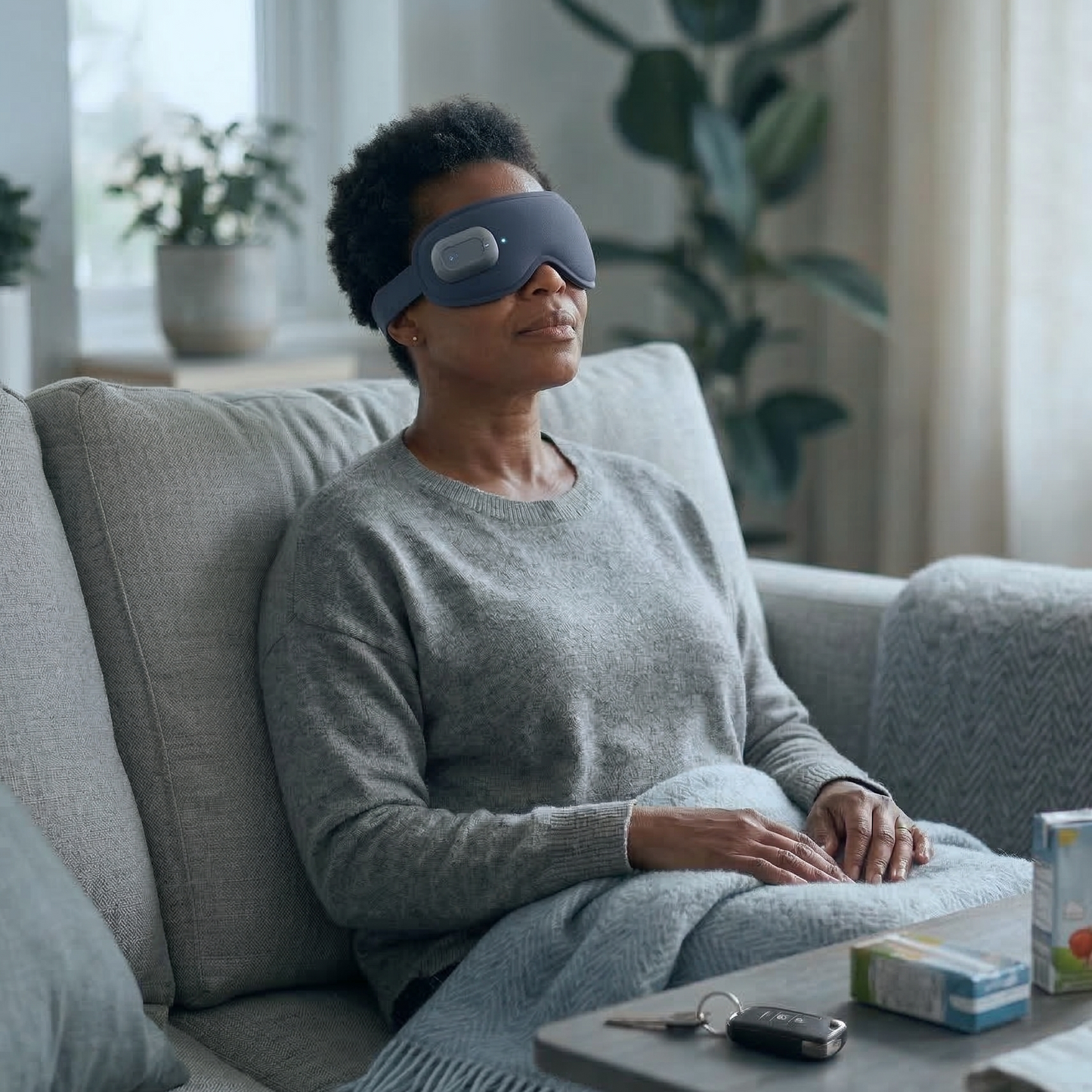 Woman wearing a sleep mask sitting on a couch in a cozy living room.