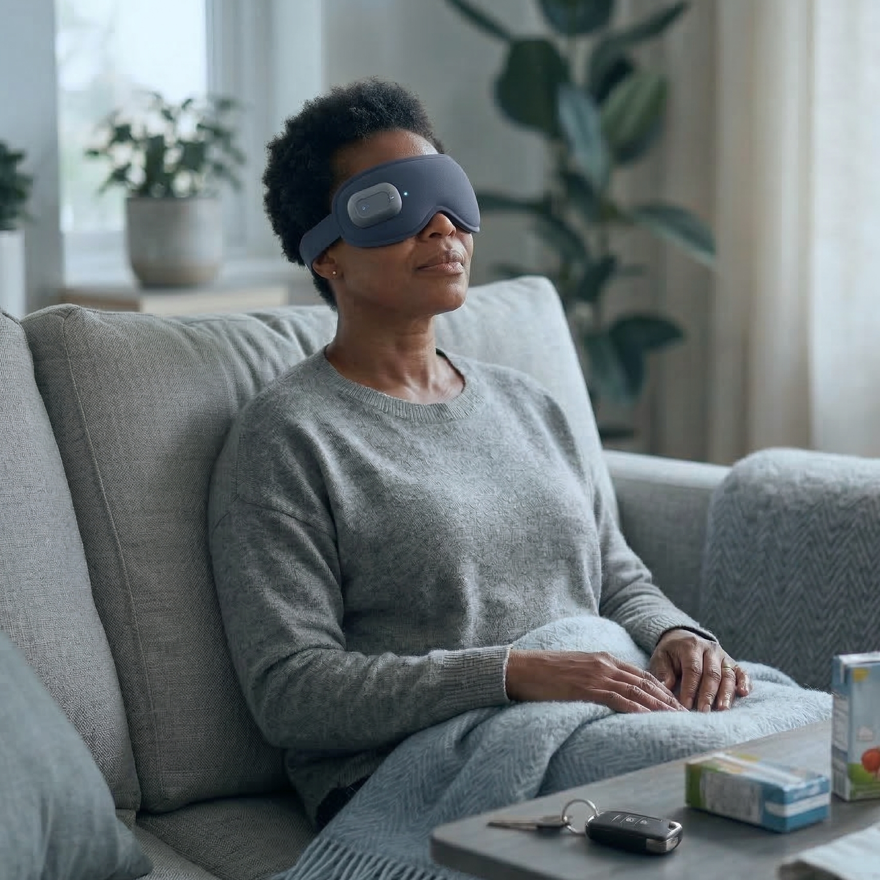 Woman wearing a sleep mask sitting on a couch in a cozy living room.