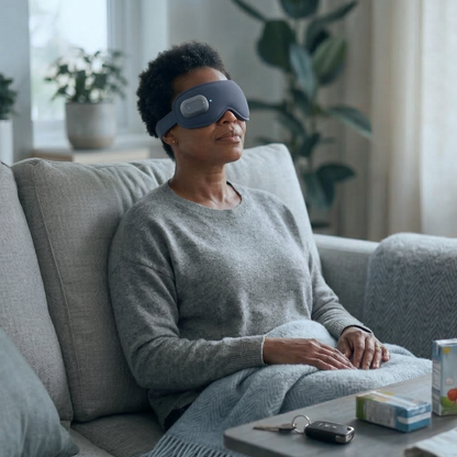 Woman wearing a sleep mask sitting on a couch in a cozy living room.