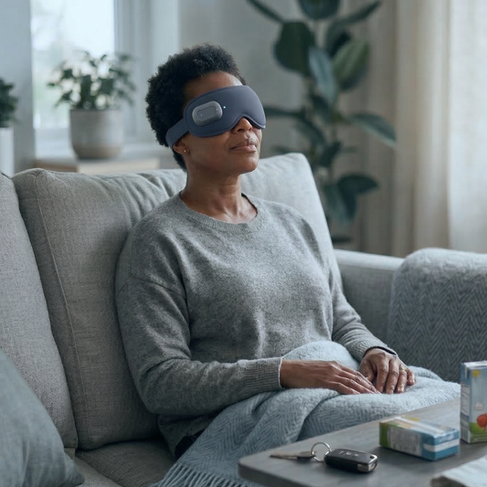 Woman wearing a sleep mask sitting on a couch in a cozy living room.