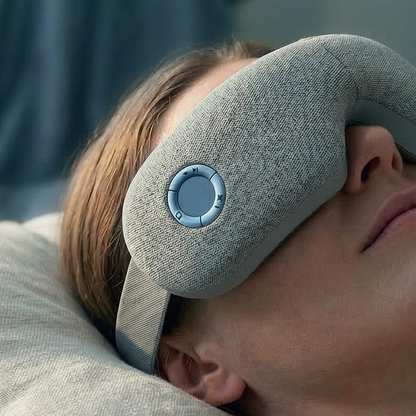 Person lying in bed wearing a gray sleep mask in a bedroom setting.