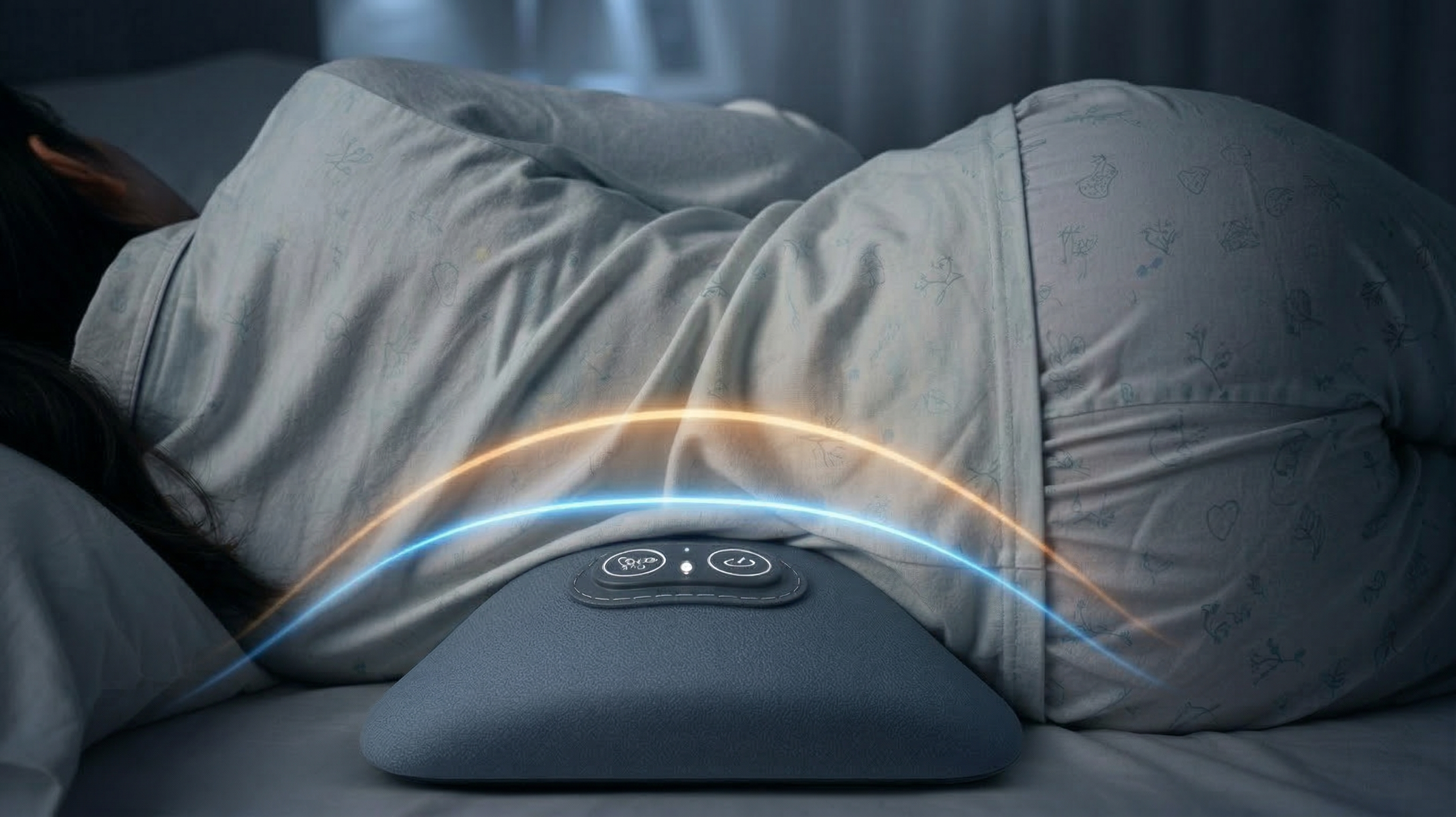 Person lying in bed with a massage pillow emitting light.