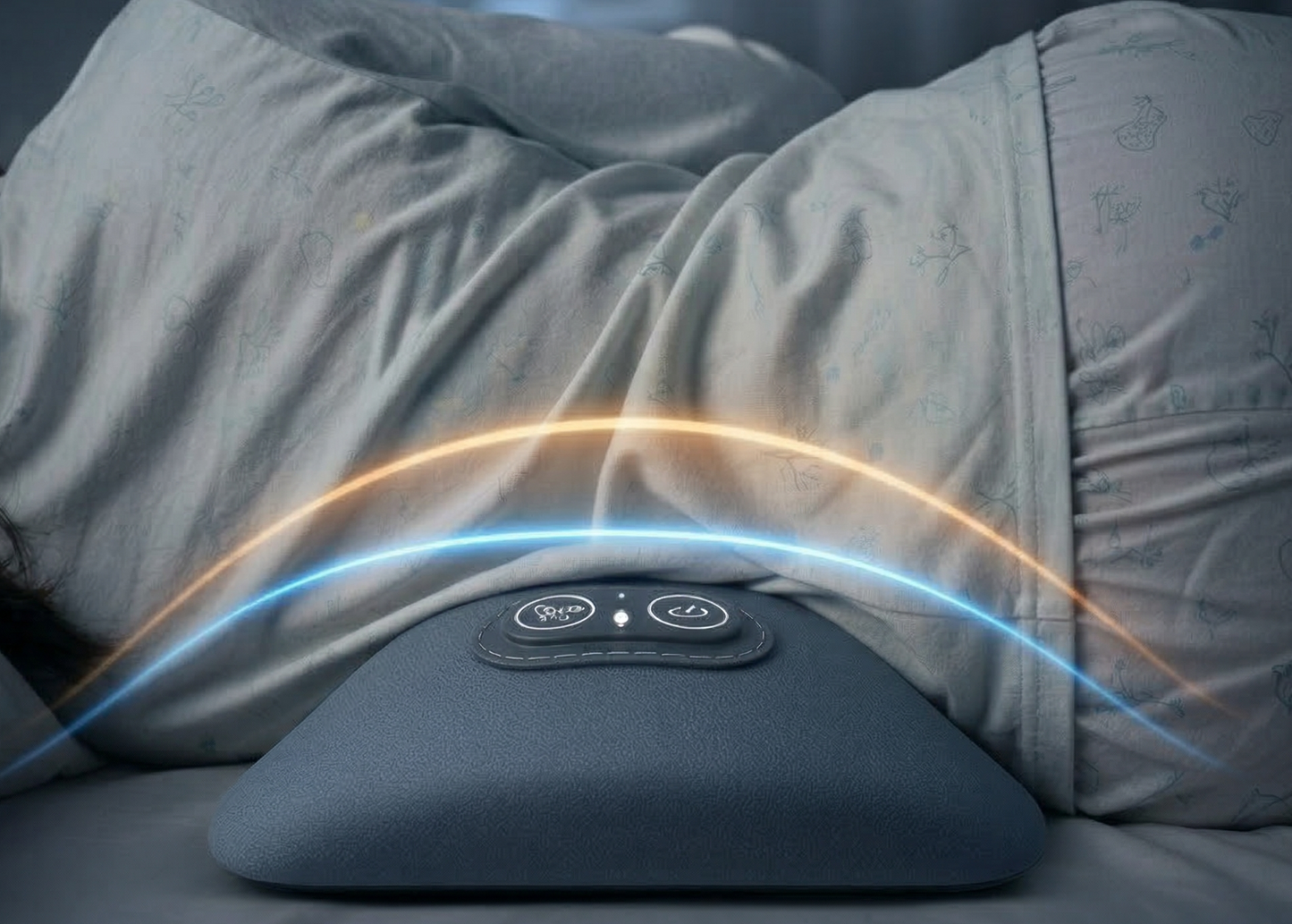 Person lying in bed with a massage pillow emitting light.