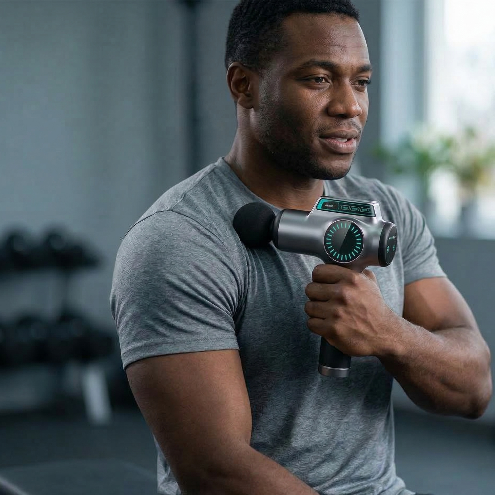 Man using a massage gun in a gym setting