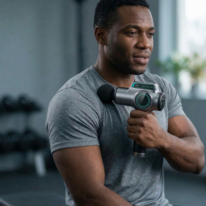 Man using a massage gun in a gym setting